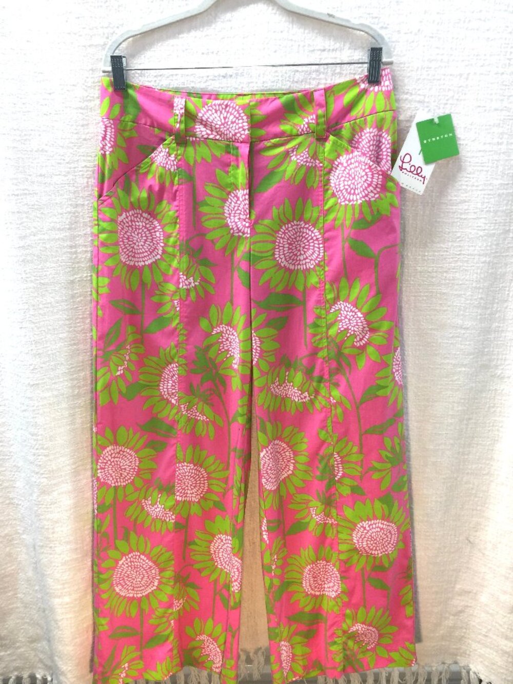 Lilly Pulitzer Pink/Green/White wide leg pants Hibiscus Pin, Size 12 NWT